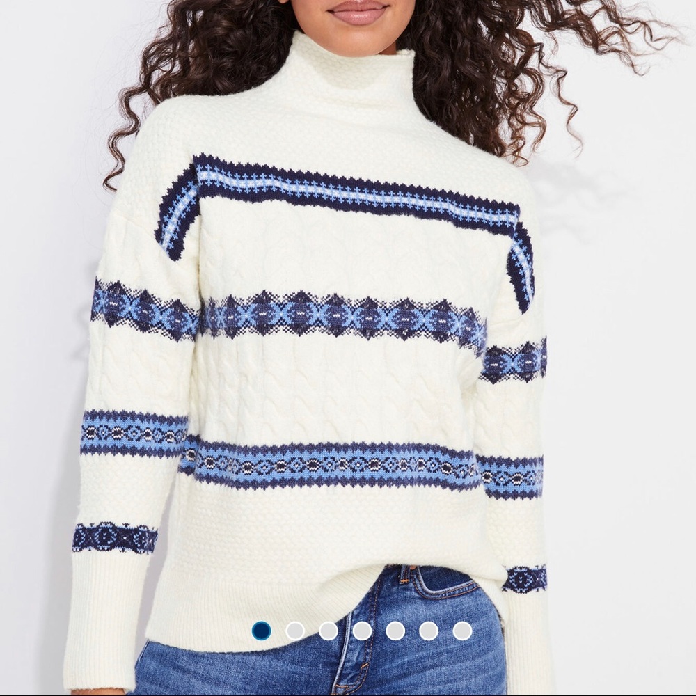 Cream Fair Isle Turtleneck Sweater with Blue Stripes